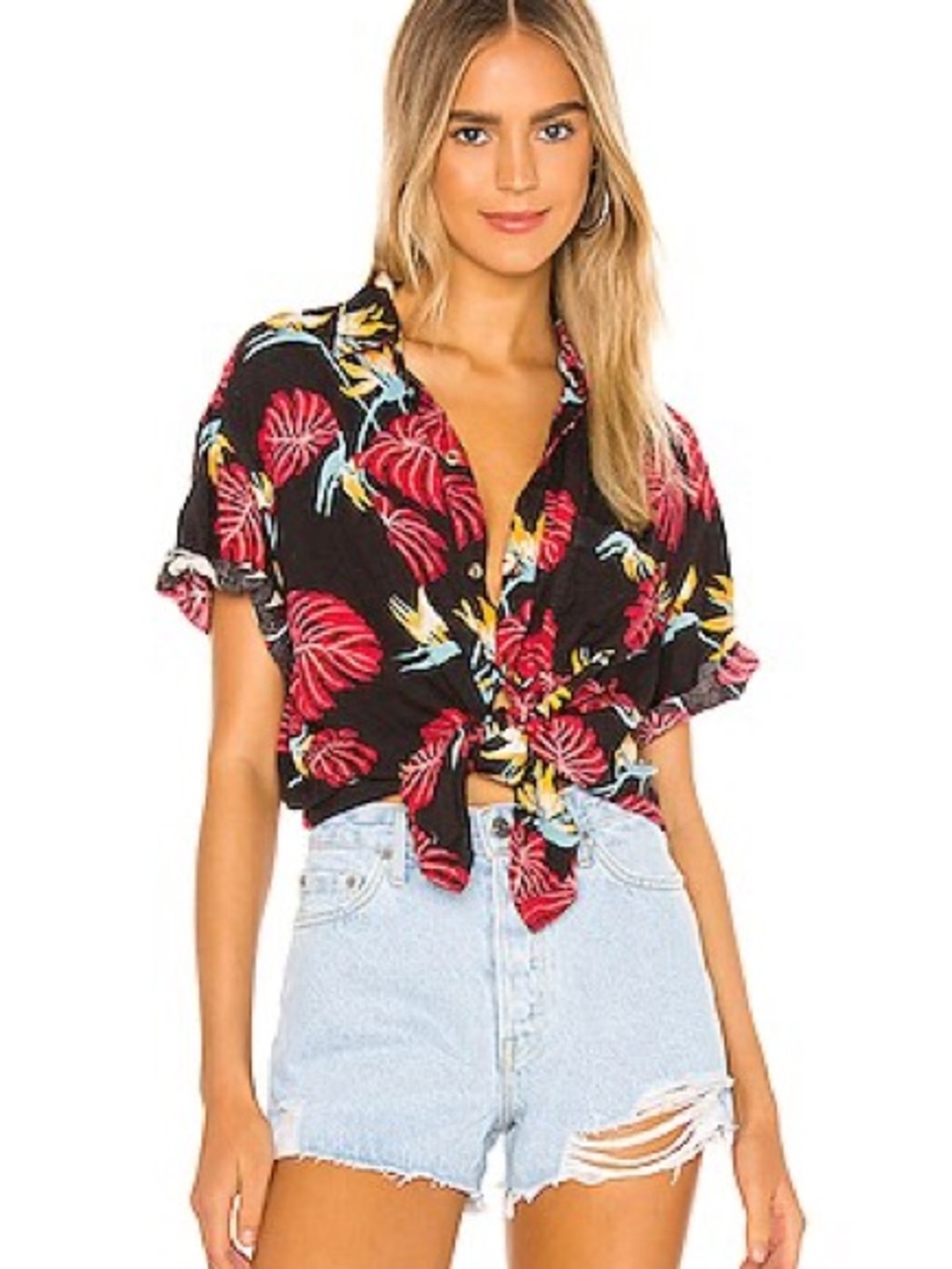 Black Tropical Tie-Front Button-Down Shirt with Red Floral Print